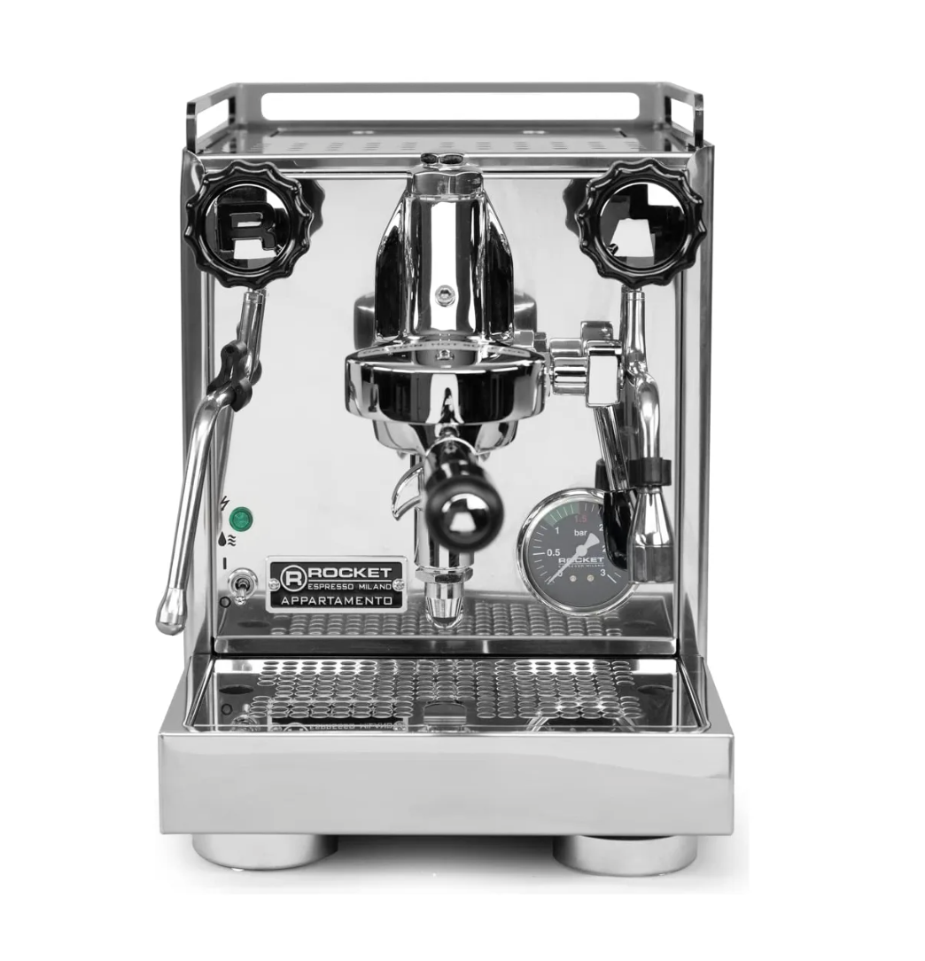 Front view of Rocket Appartamento TCA espresso machine with dual knobs and pressure gauge - Rocket Appartamento TCA – Italian Compact Espresso Machine-Precision espresso in a sleek, space-saving design – Rocket Appartamento TCA.