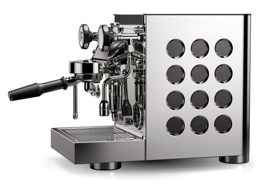 Rocket Appartamento TCA side view showing signature circular cutout design - Rocket Appartamento TCA – Side View Espresso Machine - Iconic side cutout design makes the Rocket Appartamento TCA a true statement piece.