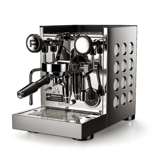 Rocket Appartamento TCA compact Italian espresso machine with signature circular cutout design - Rocket Appartamento TCA – Compact Heat Exchanger Espresso Machine - Compact, stylish, and powerful – the Rocket Appartamento TCA brings café-quality espresso home.